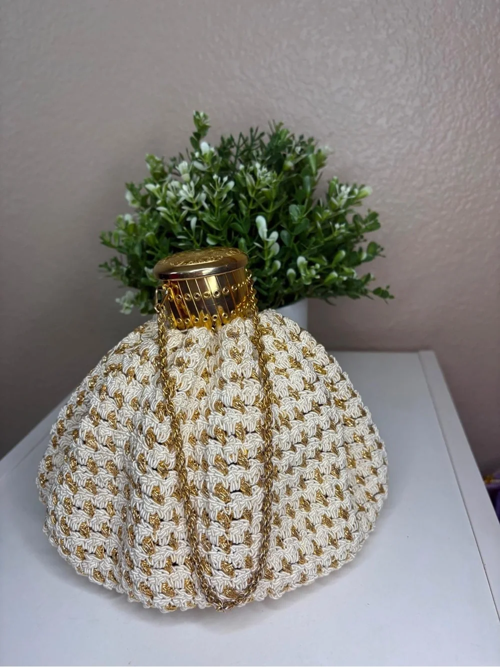 Vintage Made in Germany Gold White Cord Cage Top Handle Evening Bag